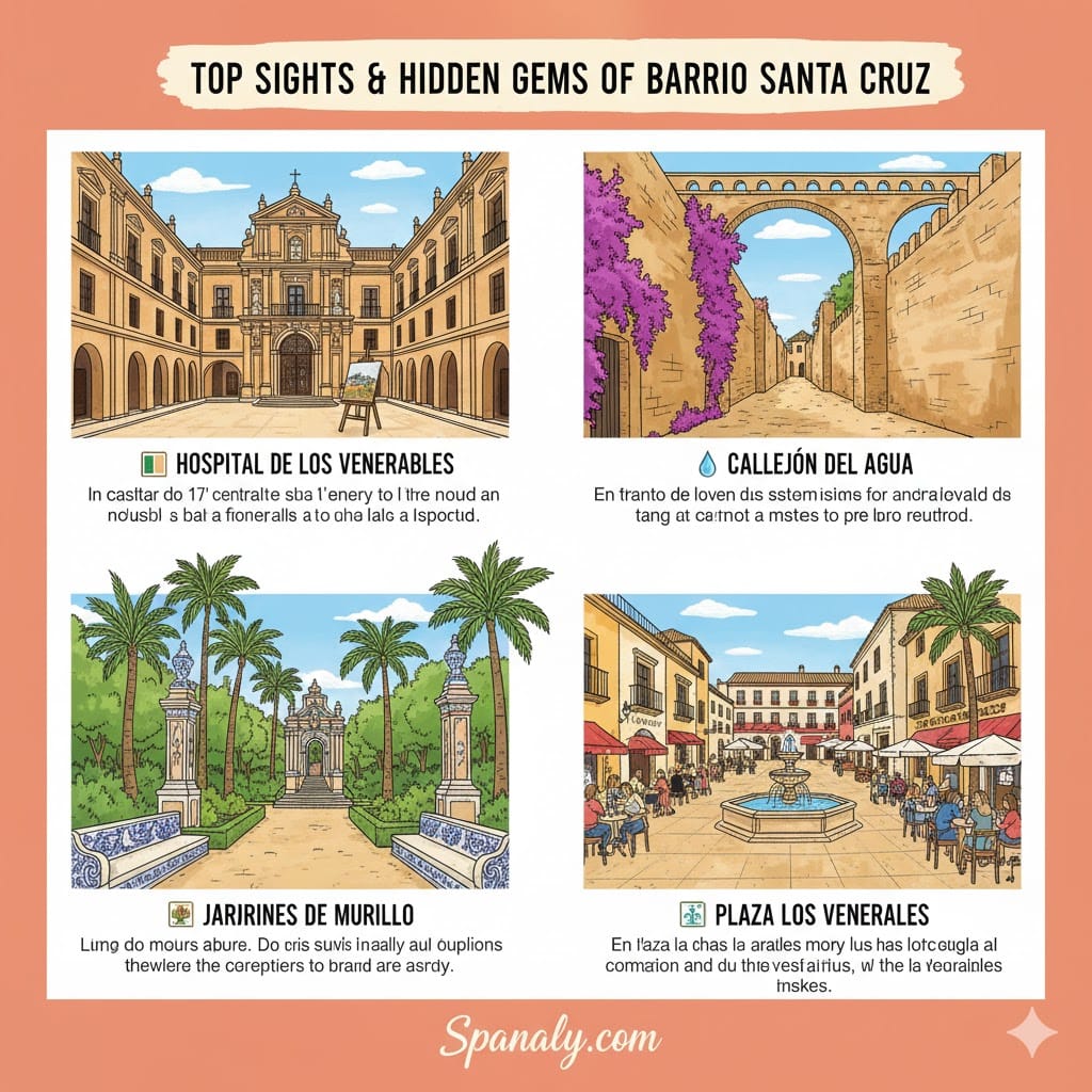 A professional colorful infographic titled "Top Sights & Hidden Gems of Barrio Santa Cruz". It features four detailed hand-drawn illustrations: The Baroque facade of Hospital de los Venerables, the bougainvillea-lined Callejón del Agua, the lush Jardines de Murillo with ceramic benches, and the lively Plaza de los Venerables with outdoor cafes. Created by Spanaly.com.