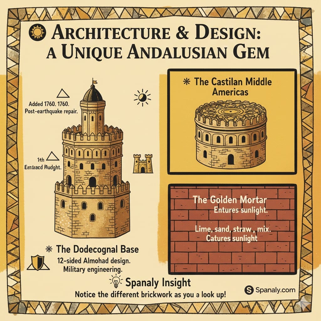 An architectural infographic of the Torre del Oro in Seville showing its three levels: the Almohad dodecagonal base, the Castilian middle section, and the Baroque circular crown, including details on the golden lime mortar.