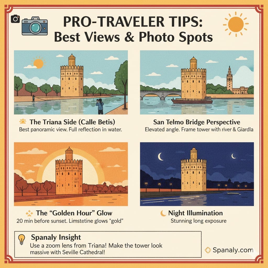 A vibrant infographic showing the best photography spots for the Torre del Oro in Seville, including views from Triana side, San Telmo Bridge, Golden Hour lighting, and night illumination.
