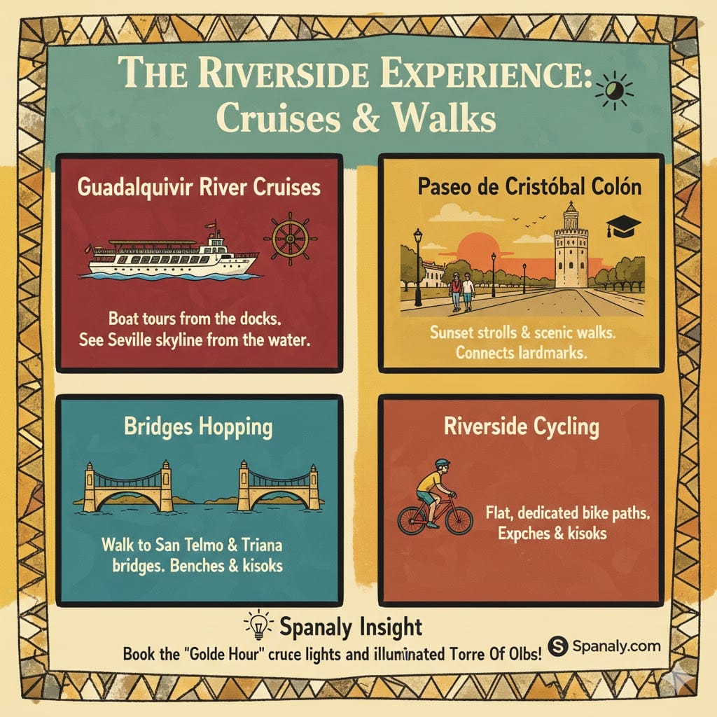 An infographic showing riverside experiences near Torre del Oro in Seville, including Guadalquivir river cruises, scenic walks along Paseo de Cristóbal Colón, bridge hopping, and riverside cycling.