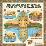 A colorful illustrated infographic guide of Torre del Oro in Seville, featuring river cruises, scenic walks, bridge hopping, and cycling activities with a map of Spain and Spanaly.com logo.
