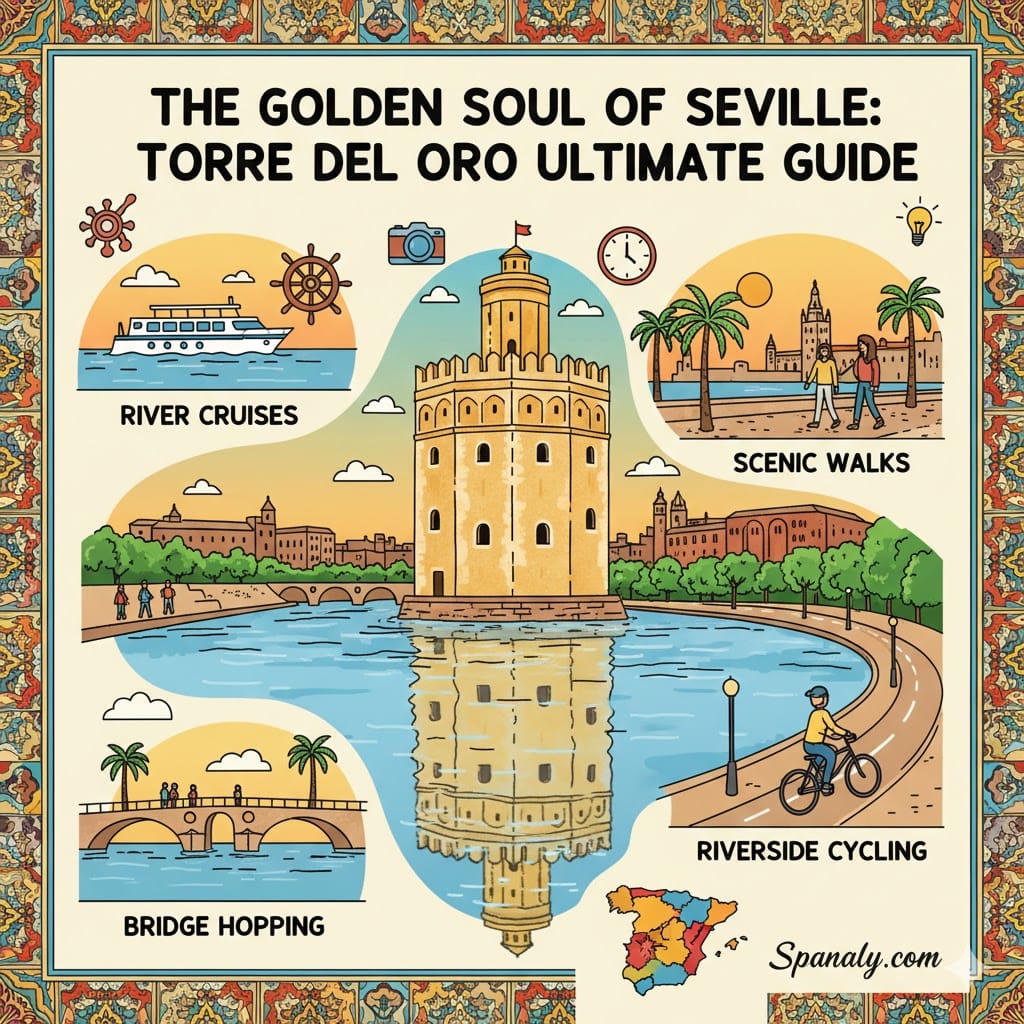 A colorful illustrated infographic guide of Torre del Oro in Seville, featuring river cruises, scenic walks, bridge hopping, and cycling activities with a map of Spain and Spanaly.com logo.