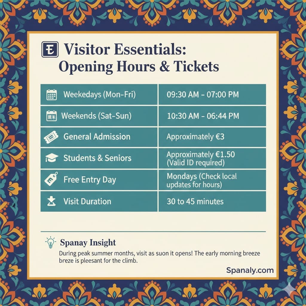A clear visitor guide table for the Torre del Oro in Seville, showing opening hours for weekdays and weekends, ticket prices, free entry on Mondays, and expert travel tips.