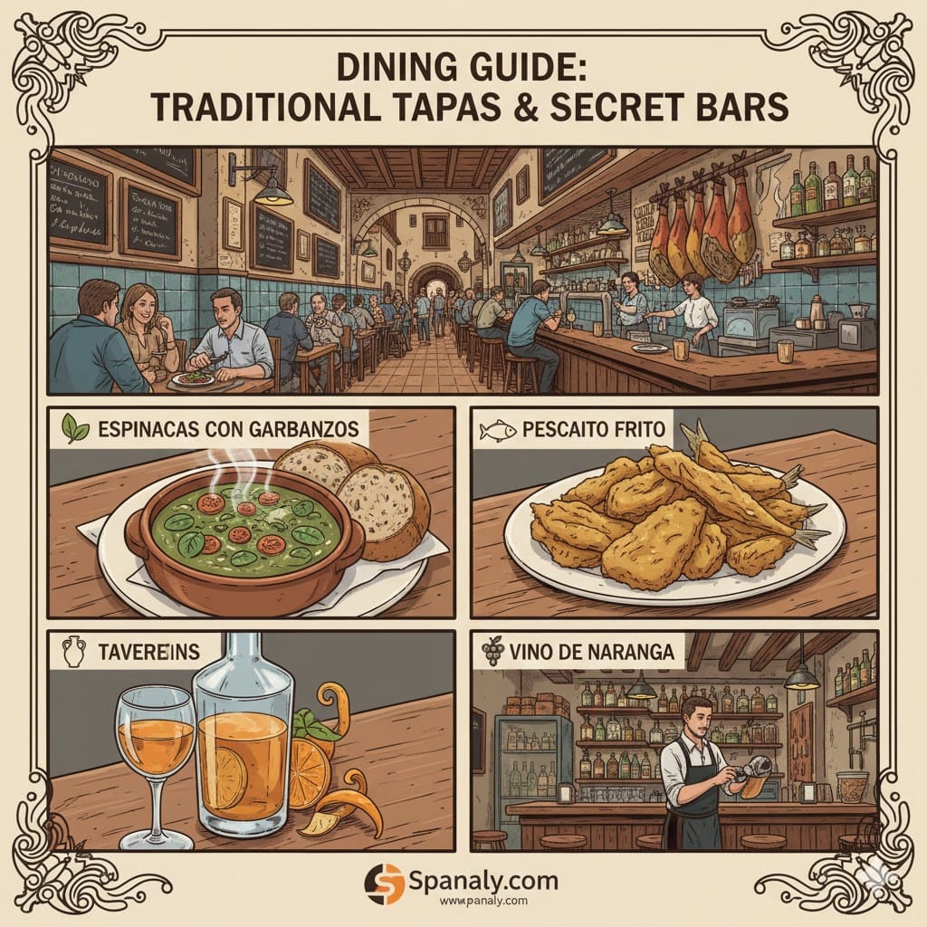 A colorful culinary infographic titled "Dining Guide: Traditional Tapas & Secret Bars". It features a main panel of a crowded historic tavern with hanging hams, and four detailed sub-panels showing: a bowl of Espinacas con Garbanzos, a plate of crispy Pescaito Frito, a glass of Vino de Naranja with orange peels, and a traditional bar interior. Created by Spanaly.com.