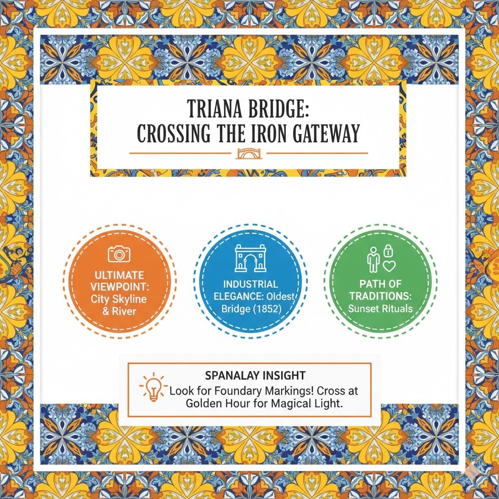 An educational infographic about the Triana Bridge in Seville, showing its history as the oldest iron bridge in Spain, best viewpoints for the city skyline, and sunset traditions, framed by a traditional ceramic tile border.