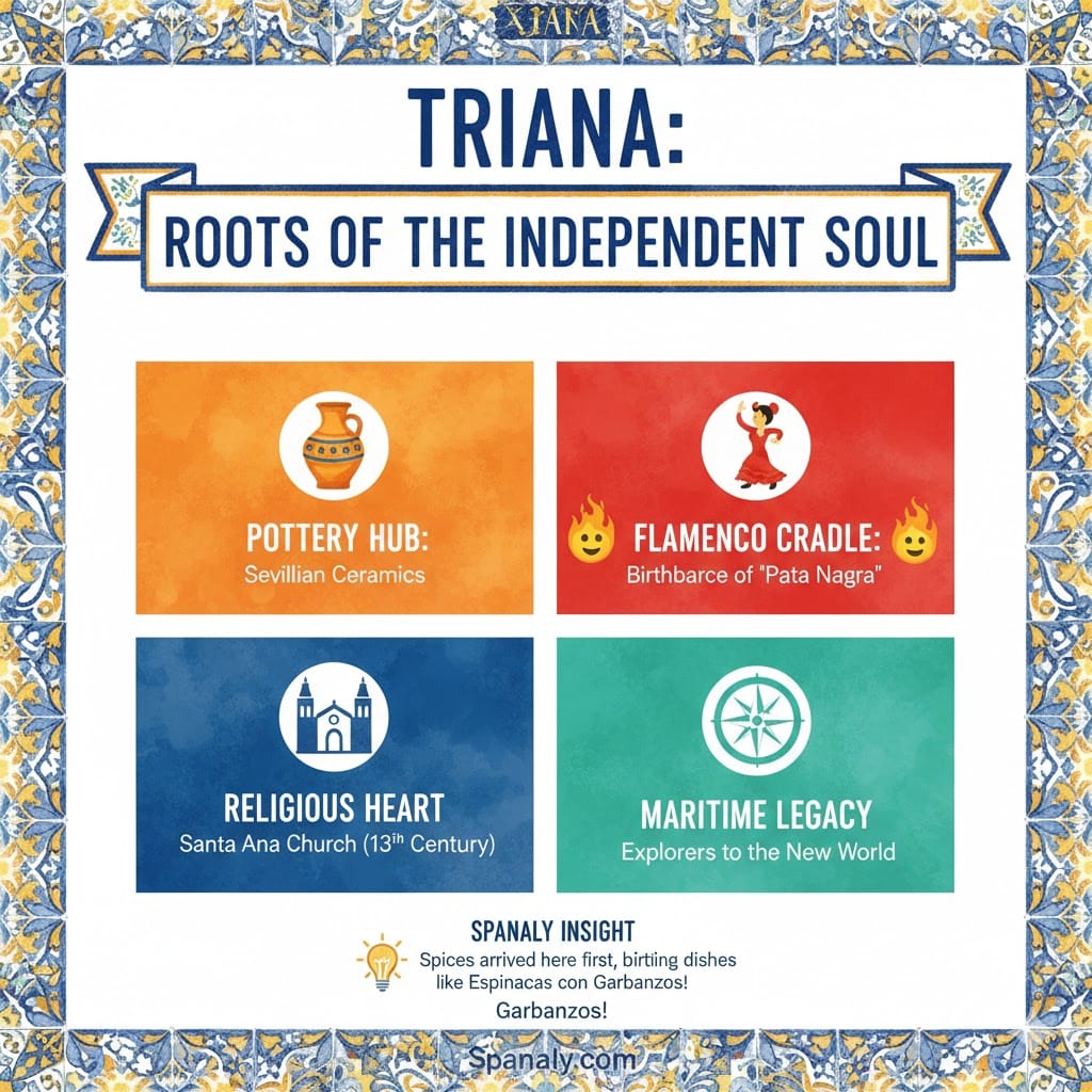 An educational infographic about Triana District's history in Seville, highlighting its pottery hub, flamenco cradle, religious heart, and maritime legacy with a traditional tile border.