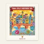 A colorful artistic illustration of Triana district in Seville, featuring the iconic bridge, colorful houses, flamenco dancers, and traditional ceramics, with a small map of Spain and the Spanaly.com logo.