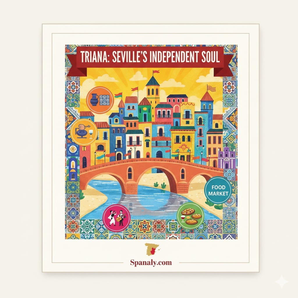 A colorful artistic illustration of Triana district in Seville, featuring the iconic bridge, colorful houses, flamenco dancers, and traditional ceramics, with a small map of Spain and the Spanaly.com logo.