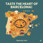 A vibrant creative map of Spain highlighting the Barcelona Cooking Festival with icons of paella, tapas, and fresh ingredients, featuring the Spanaly logo.