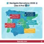 Comprehensive 2026 Barcelona transport map infographic featuring Metro, Bus, Tram, and Airport guide by Spanaly.
