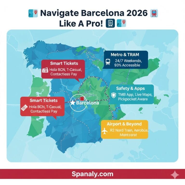 Comprehensive 2026 Barcelona transport map infographic featuring Metro, Bus, Tram, and Airport guide by Spanaly.