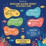 A comprehensive colorful infographic by Spanaly summarizing the ultimate guide to Barcelona seafood, including rice dishes, drink pairings, hidden gems, dietary safety, and expert dining tips.