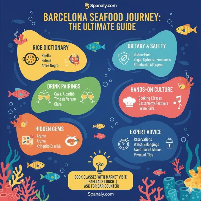 A comprehensive colorful infographic by Spanaly summarizing the ultimate guide to Barcelona seafood, including rice dishes, drink pairings, hidden gems, dietary safety, and expert dining tips.