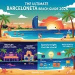 The ultimate 2026 guide to Barceloneta Beach by Spanaly, featuring a comprehensive visual map of nightlife, family fun, transportation, safety tips, and sustainable tourism icons.