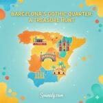 A colorful and vibrant map of Spain featuring iconic landmarks of Barcelona's Gothic Quarter, including the Cathedral and Carrer del Bisbe bridge, with the text Barcelona's Gothic Quarter: A Treasure Hunt.