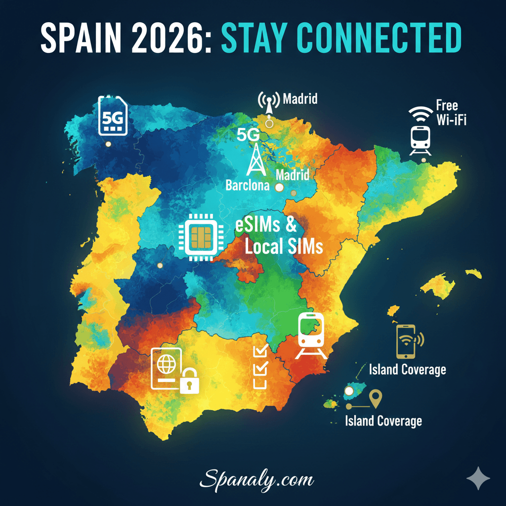 A creative 2026 main infographic for Spanaly.com featuring a vibrant, artistic map of Spain with icons representing 5G, eSIMs, local SIMs, and island coverage, titled SPAIN 2026: STAY CONNECTED.