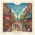A vibrant, colorful illustration of La Rambla in Barcelona. The street is filled with life, featuring La Boqueria market, flower stalls, street musicians, and artists. At the top, a small map of Spain marks Barcelona's location. The text "THE ULTIMATE GUIDE TO LA RAMBLA" is displayed at the top, and "Spanaly.com" is at the bottom. Encased in an elegant, thin decorative frame.
