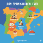 A colorful and vibrant map of Spain by Spanaly.com, highlighting the top attractions in León. The map features artistic icons for the Cathedral of Light, Gaudí’s Casa Botines, Free Tapas, Cecina, Picos de Europa, and Las Médulas, with the title "LEÓN: SPAIN’S HIDDEN JEWEL" at the top.