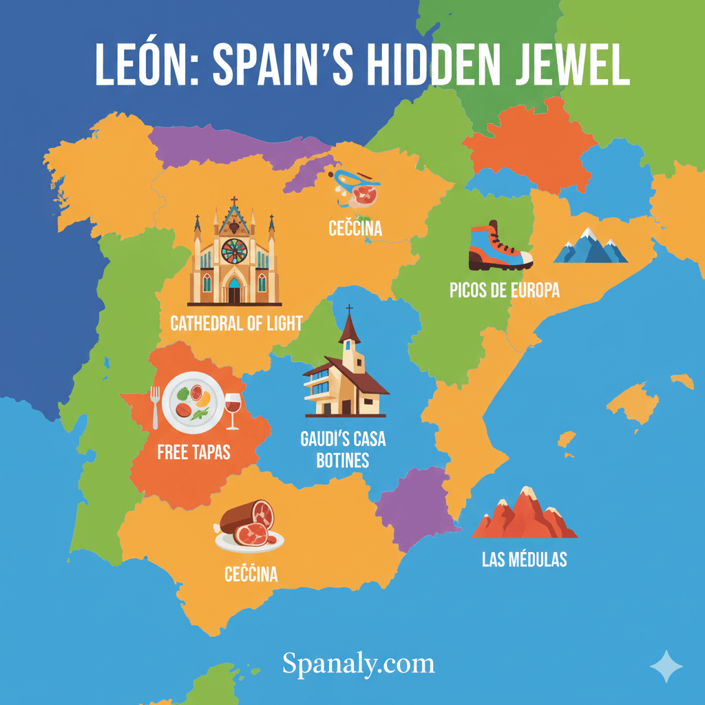 A colorful and vibrant map of Spain by Spanaly.com, highlighting the top attractions in León. The map features artistic icons for the Cathedral of Light, Gaudí’s Casa Botines, Free Tapas, Cecina, Picos de Europa, and Las Médulas, with the title "LEÓN: SPAIN’S HIDDEN JEWEL" at the top.