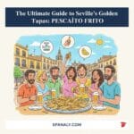 A colorful illustration of friends enjoying a large platter of Pescaito Frito in a sunny Seville plaza, with icons for weighing, hand-eating etiquette, and lemon, featuring Spanaly.com and a small map of Spain.