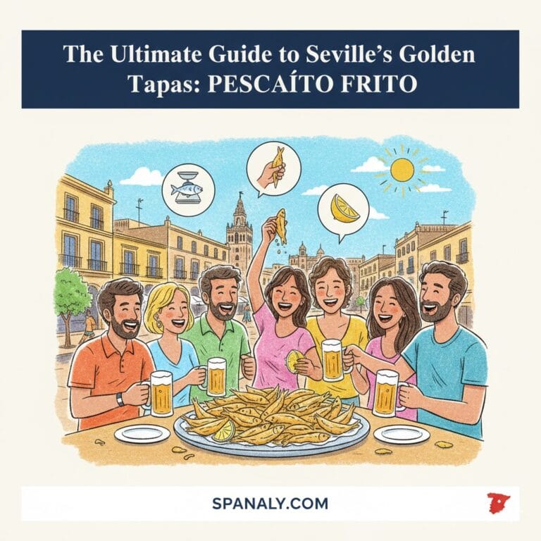 A colorful illustration of friends enjoying a large platter of Pescaito Frito in a sunny Seville plaza, with icons for weighing, hand-eating etiquette, and lemon, featuring Spanaly.com and a small map of Spain.