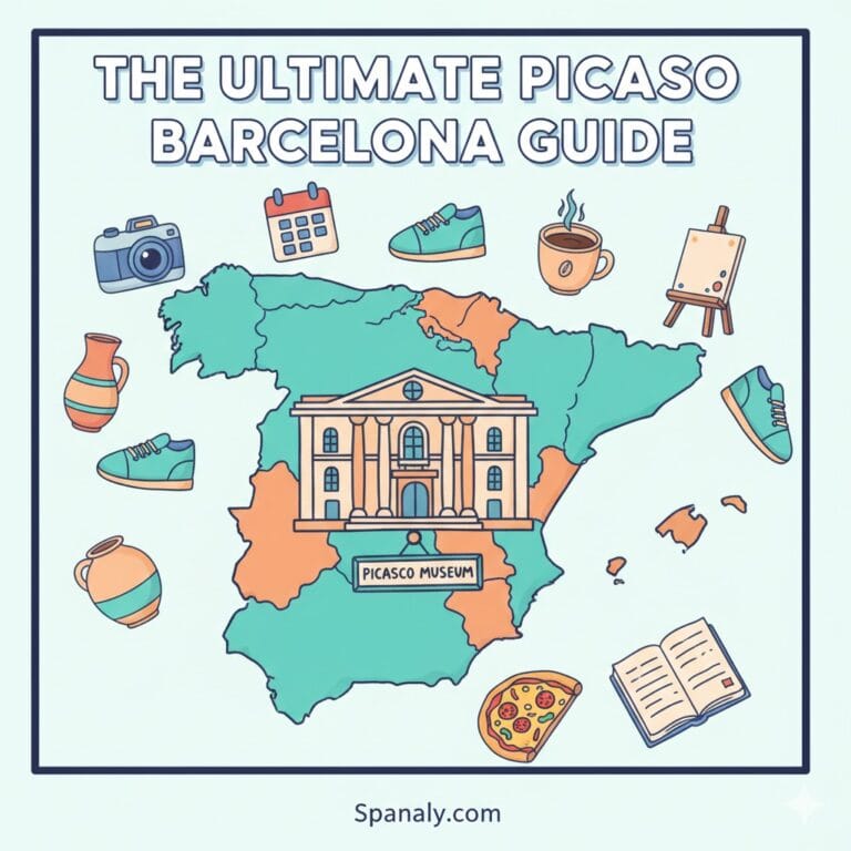 A colorful 2D illustrated map of Spain featuring a large drawing of the Picasso Museum in Barcelona. The image includes various travel elements like a camera, calendar, art easel, and walking shoes. At the top, it says 'THE ULTIMATE PICASSO BARCELONA GUIDE' and 'Spanaly.com' at the bottom. The design has a clean dark border.