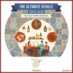 An artistic illustration for The Ultimate Seville Tapas Guide, featuring various traditional dishes like Salmorejo and Espinacas con Garbanzos, locals enjoying drinks at a bar, and a small map of Spain at the bottom, all set against a decorative Sevillian tile background.
