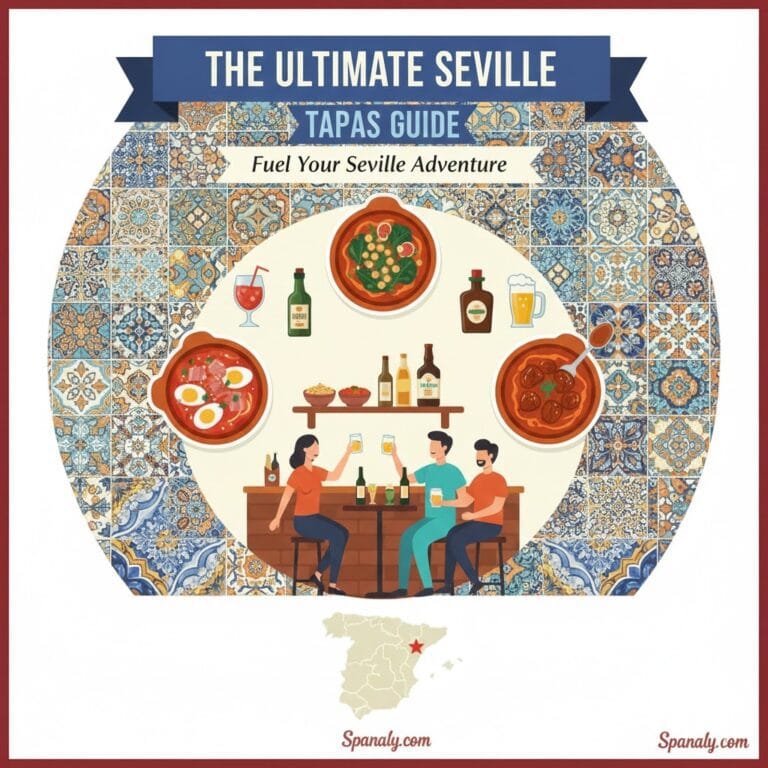 An artistic illustration for The Ultimate Seville Tapas Guide, featuring various traditional dishes like Salmorejo and Espinacas con Garbanzos, locals enjoying drinks at a bar, and a small map of Spain at the bottom, all set against a decorative Sevillian tile background.