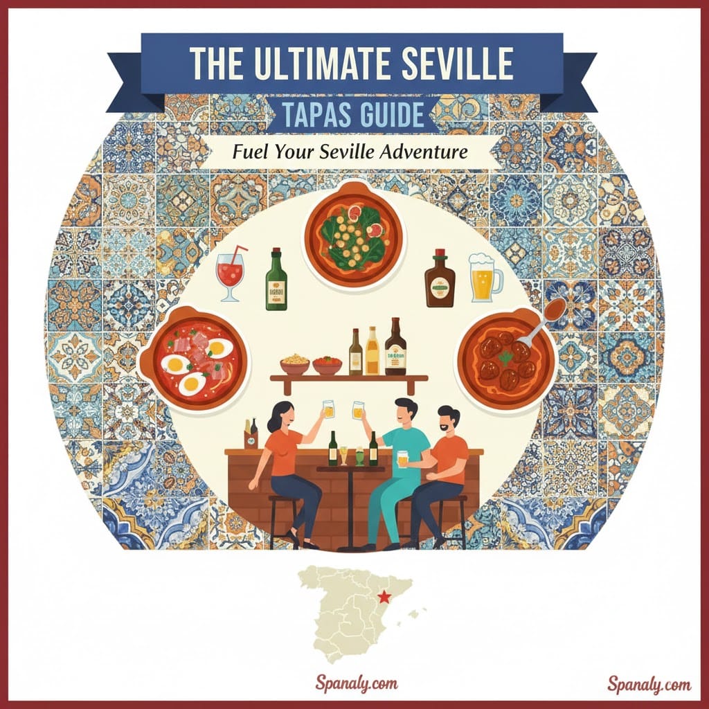 An artistic illustration for The Ultimate Seville Tapas Guide, featuring various traditional dishes like Salmorejo and Espinacas con Garbanzos, locals enjoying drinks at a bar, and a small map of Spain at the bottom, all set against a decorative Sevillian tile background.