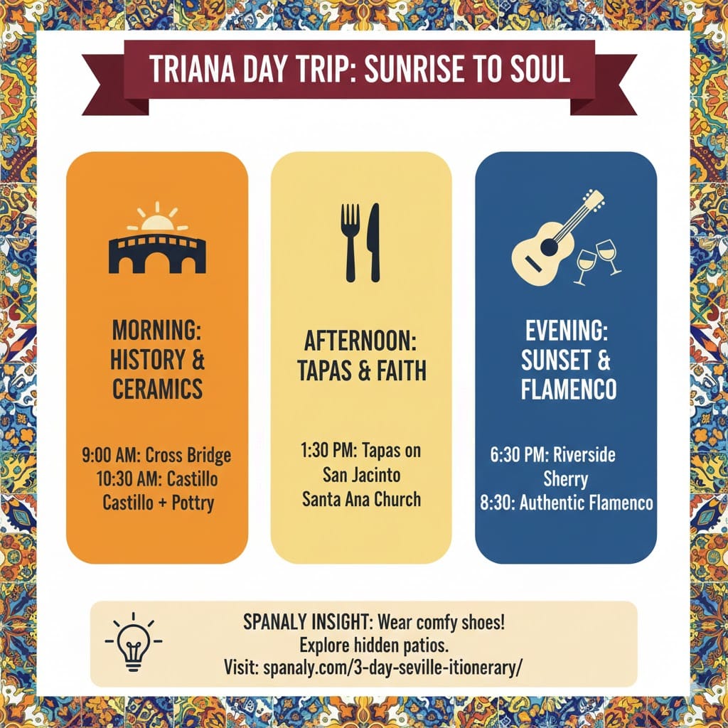 A colorful infographic showing a one-day itinerary for Triana, Seville, divided into morning history and ceramics, afternoon tapas and faith, and evening sunset and flamenco.
