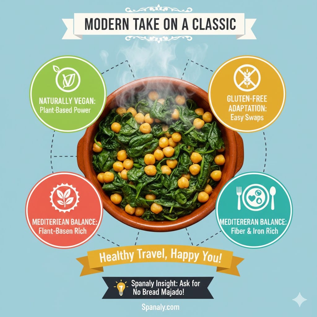 A modern infographic for Espinacas con Garbanzos showing its benefits as a naturally vegan, gluten-free, and iron-rich Mediterranean dish by Spanaly.com.
