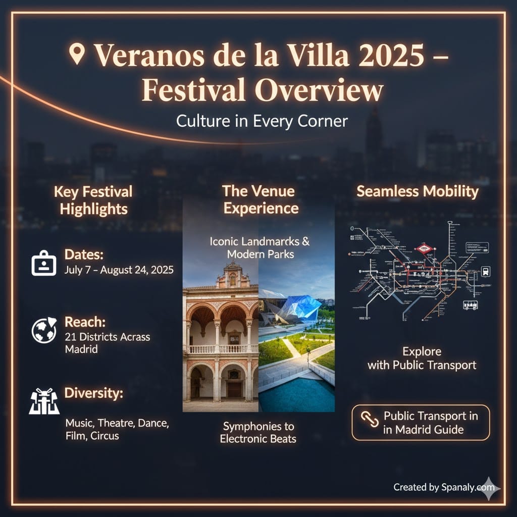 A comprehensive infographic overview of Veranos de la Villa Madrid 2025, detailing dates, the 21 districts involved, diversity of shows, and public transport mobility, by Spanaly.com.