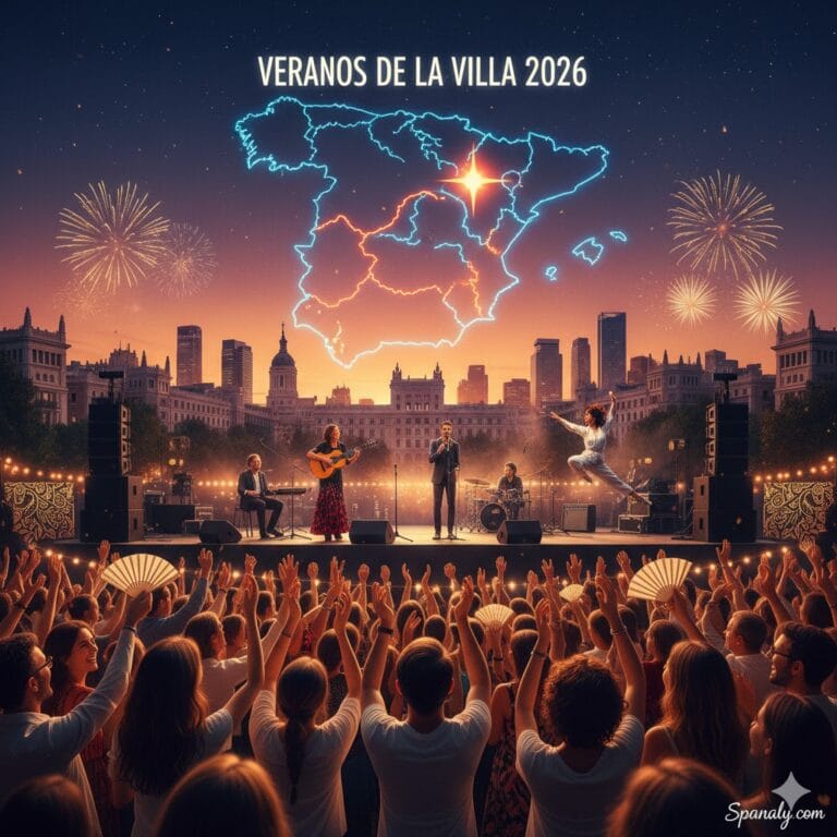 A vibrant main cover image for Veranos de la Villa 2026 in Madrid, featuring a live music stage with performers, a joyful crowd with Spanish fans, fireworks over the Madrid skyline, and a glowing neon map of Spain highlighting Madrid, by Spanaly.com.
