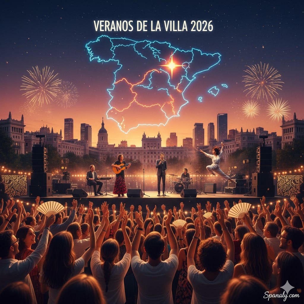 A vibrant main cover image for Veranos de la Villa 2026 in Madrid, featuring a live music stage with performers, a joyful crowd with Spanish fans, fireworks over the Madrid skyline, and a glowing neon map of Spain highlighting Madrid, by Spanaly.com.
