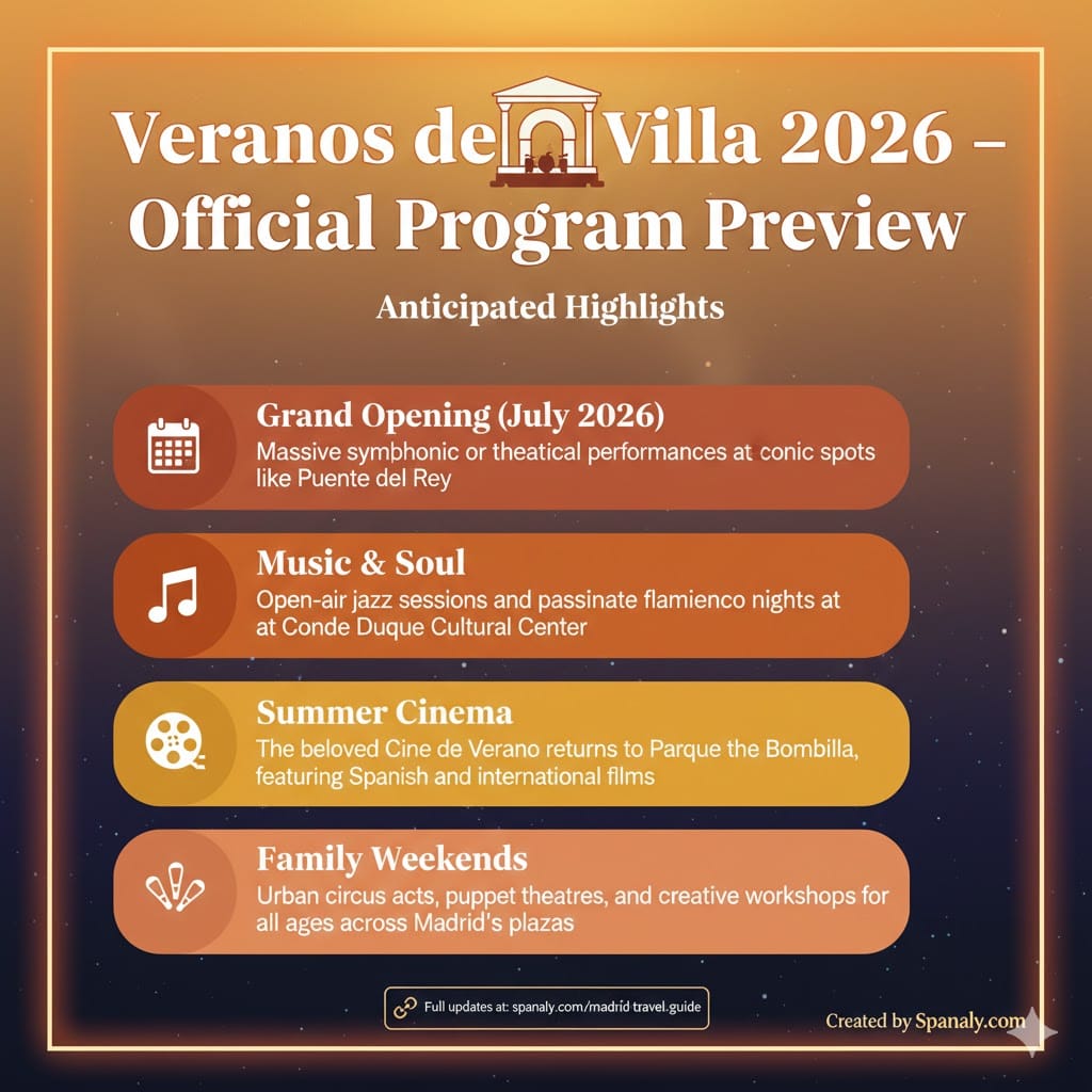 An infographic preview of Veranos de la Villa 2026 program highlights in Madrid, featuring categories like Grand Opening, Music & Soul, Summer Cinema, and Family Weekends, by Spanaly.com