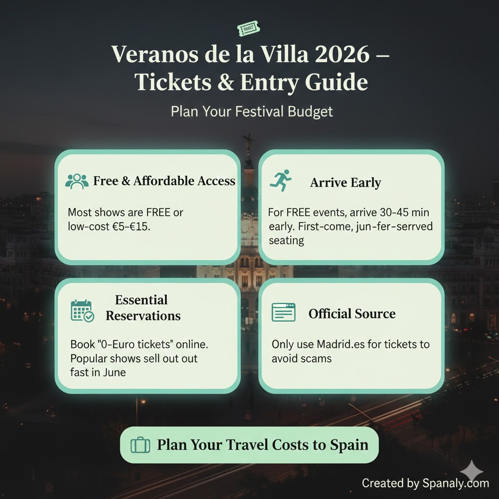 A practical infographic guide for Veranos de la Villa 2026 tickets and entry, explaining free access, reservation rules, and arrival tips, featuring a link to travel costs in Spain by Spanaly.com.