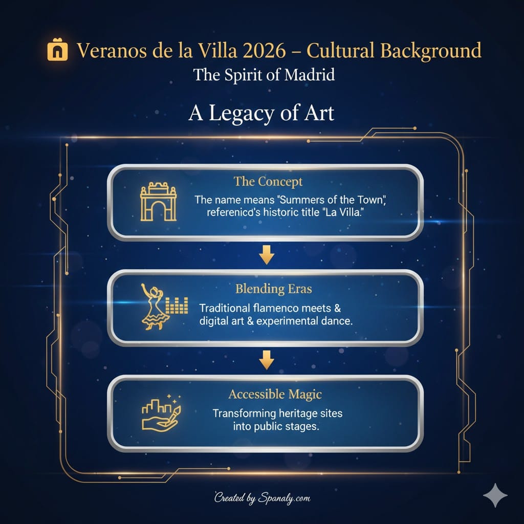 An educational infographic about the cultural background of Veranos de la Villa in Madrid, explaining the concept of 'Summers of the Town', the blending of traditional flamenco with digital art, and the use of heritage sites as stages, by Spanaly.com.