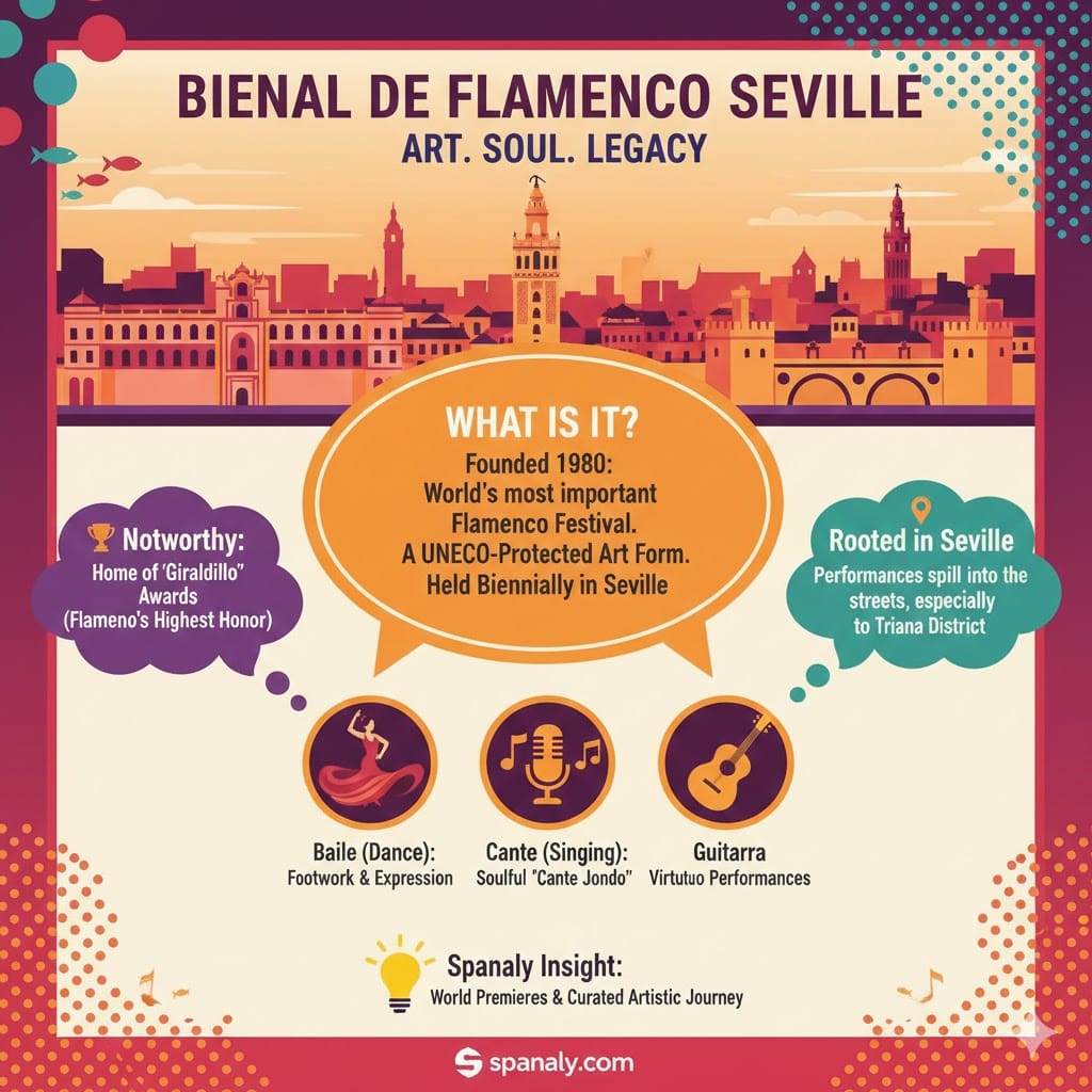 An educational infographic by Spanaly explaining the Bienal de Flamenco in Seville, highlighting its three pillars: Baile (Dance), Cante (Singing), and Guitarra (Guitar), along with its UNESCO heritage status.
