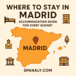 Infographic map of Spain with Madrid highlighted, showing icons for hotels, hostels, landmarks, and parks, illustrating the best areas where to stay in Madrid for different travelers.