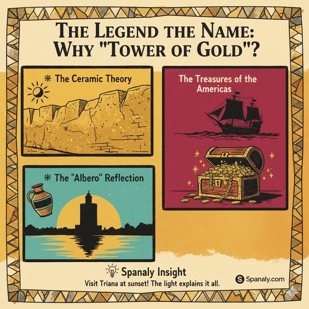 An artistic infographic explaining the legends behind the name Torre del Oro, featuring the ceramic tile theory, the treasures from the Americas, and the golden sun reflection on the Guadalquivir river.
