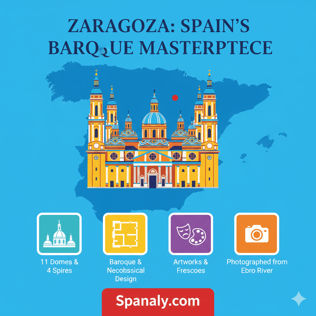 Basilica of Our Lady of the Pillar Zaragoza Architecture Guide - Infographic featuring 11 domes, Baroque style, and Ebro River view by Spanaly.com with Spain Map Background