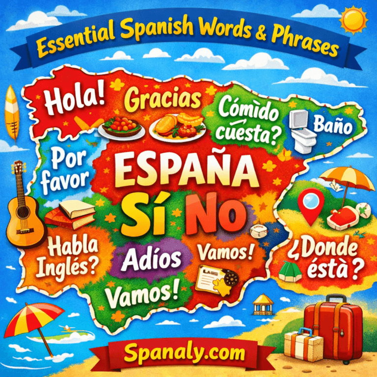 Illustrated map of Spain filled with essential Spanish words and phrases for travelers, with “España” centered on the map, a catchy headline at the top, vivid colorful design, and the website name Spanaly.com displayed at the bottom.