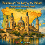Illustration of the Basilica of Our Lady of the Pillar in Zaragoza, Spain, with the basilica prominently in the foreground, a colorful map of Spain in the background, a catchy title above, and 'Spanaly.com' at the bottom. Bright, vivid, eye-catching colors in a detailed cartoon style