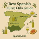 Illustrated map of Spain highlighting Andalusia, Catalonia, and Extremadura, with olive branches, oil bottles, tasting icons, and “Spanaly.com” at the bottom.
