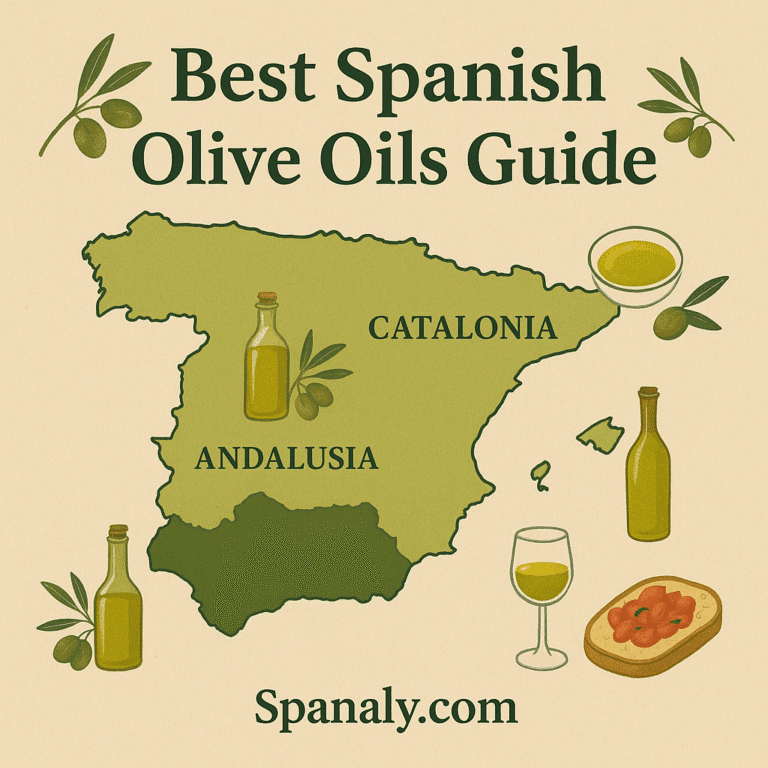 Illustrated map of Spain highlighting Andalusia, Catalonia, and Extremadura, with olive branches, oil bottles, tasting icons, and “Spanaly.com” at the bottom.