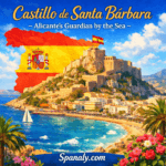 Illustrated view of Castillo de Santa Bárbara in Alicante overlooking the Mediterranean Sea, with a large map of Spain in the background, vibrant colors, coastal city scenery, and the historic fortress rising above the harbor