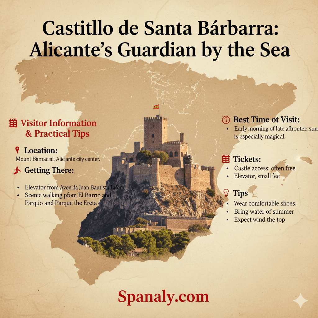 Castillo de Santa Bárbara Alicante Visitor Guide Infographic by Spanaly - Featuring Map of Spain, Travel Tips, Location, and Ticket Information for Mount Benacantil Castle