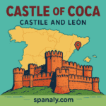 Illustrated view of the Castle of Coca in Castile and León with red brick towers, battlements, and a stylized map of Spain.