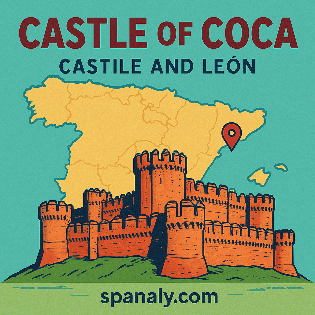 Illustrated view of the Castle of Coca in Castile and León with red brick towers, battlements, and a stylized map of Spain.