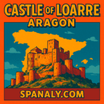 Illustration of the Romanesque Castle of Loarre in Aragon, showing its historic military architecture and location highlighted on the map of Spain.